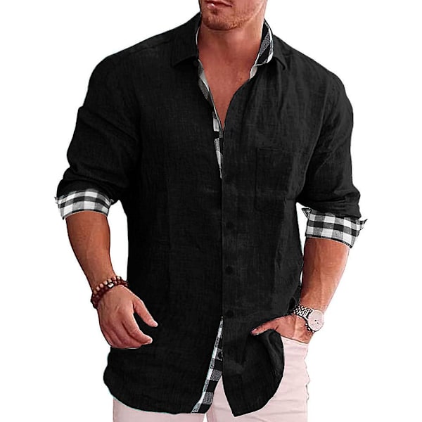 Herre knapper ned Lapel Neck Rutet Casual Business skjorte topper Black XL