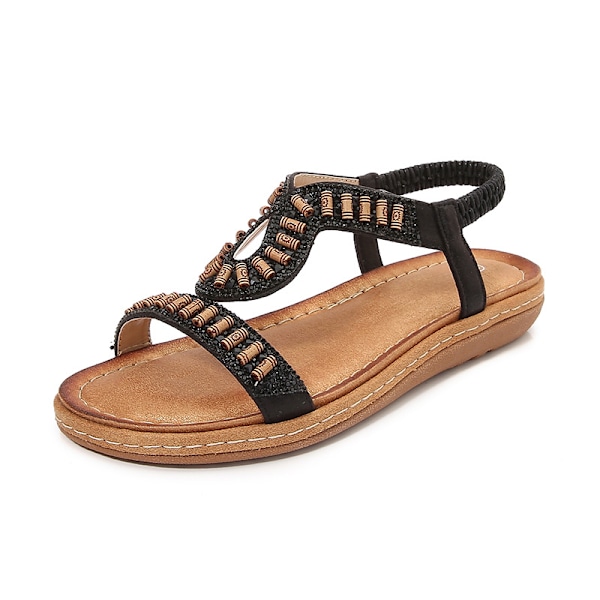 Dame Sandaler 2025 med Rund Tå og Krystaller - Åndbart Boho Chic Design Black 40