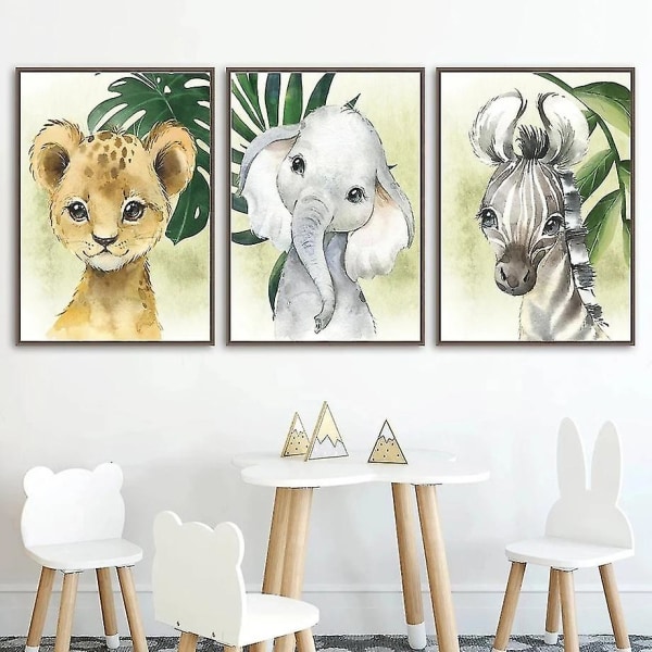 6 plakater Skovdyr Baby Børn A4 plakat Elefant Løve Giraf Zebra Tiger Billeder Soveværelsesdekoration Uindrammet