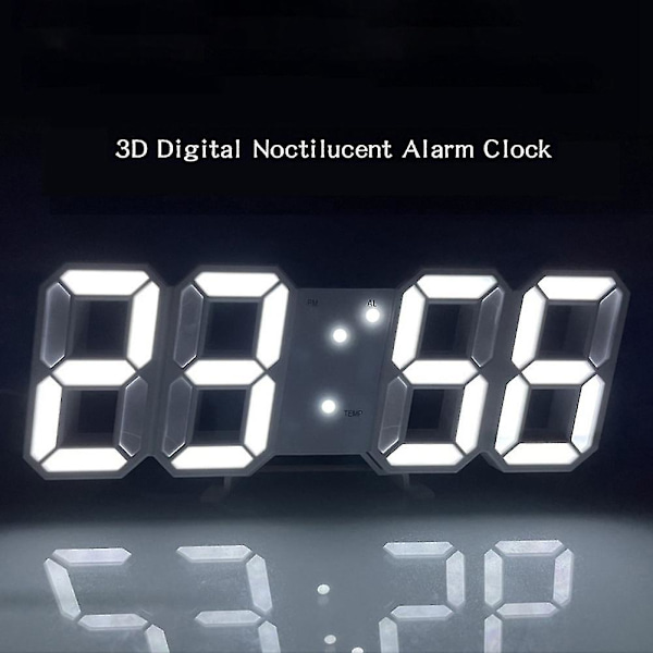 Digital 3D LED Vägg-/Skrivbords Klocka Alarm Stora Siffror Automatisk Ljusstyrka USB Temperatur White