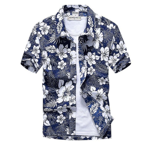 Hawaiiansk skjorte for menn Strandknappskjorter Topper Holiday Blue Flower M