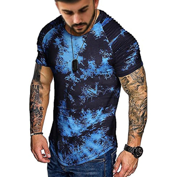 Herre Tie Dye kortærmet rund hals T-shirt sommer toppe Blue XL