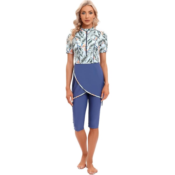 Kvinder Modest Badetøj Islamisk Muslim Badedragt Kortærmet Lynlås Forside Top Shorts Bukser Hijab 3 stk Svømmekostume S-4xl Tangrui Blue Flower 4XL