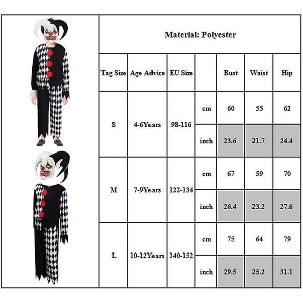 4-12 År Barn Ond Clown Cosplay Kostym Halloween Fest Fancy Dress Jumpsuits+mask+huvudbonader Outfits Set Presenter 7-9 Years