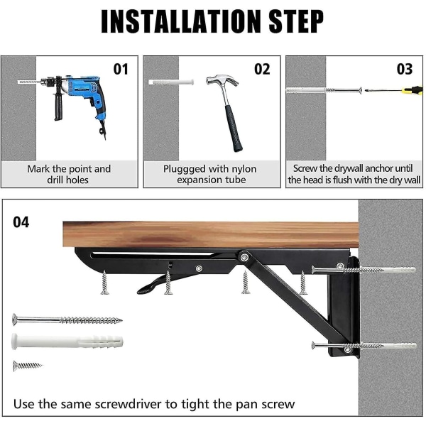 2 stk Foldehyldebeslag - Heavy Duty Metal Sammenklappelig Trekant Hyldebeslag, Gør det selv Vægmonteret Foldebord Hængsel, Pladsbesparende Til Bænkbord 20 inch 50CM