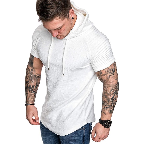 Herrveckad kortärmad huva T-shirt Sommar Casual Sport Hoodies Toppar White XL