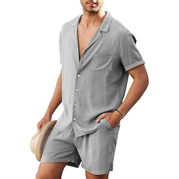 Herre Enkle Korte Ermer Skjorter Korte Bukser Sett Sommerferie Strand Topper + Shorts Antrekk Grey M