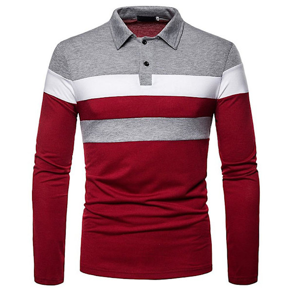 Herre Topp Patchwork Polo Skjorte Lang Erme Casual Kontor Arbeidsskjorte Gray and Red M