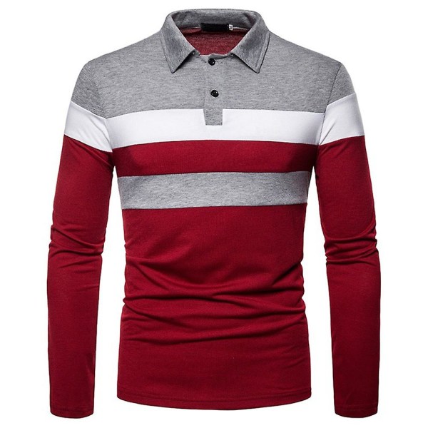 Herreoverdele Patchwork Polo Shirt Langærmet Casual Office Work Shirts Gray and Red L