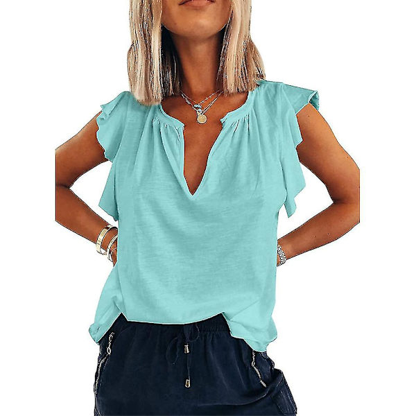 Dam volanger V-ringad linne sommar ärmlös blus Light Blue 3XL