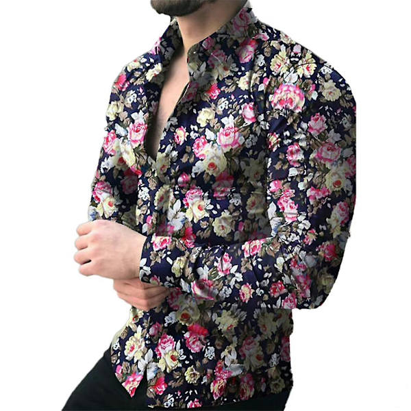 Høyhalset skjorte for menn med blomsterprint, avslappet, lang ermet Navy Blue M