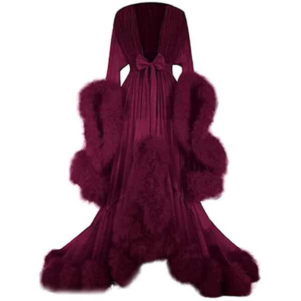 Släpande långklänning för kvinnor med fjäderutsvängda ärmar Perfekt kompatibel med möhippa Wine Red XL