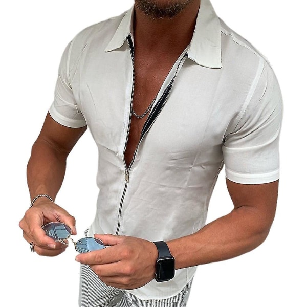 Slim Fit-skjortor för män med zip-up skjortor White 2XL