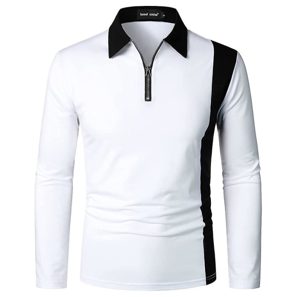 Herreoverdele Langærmede Colorblock Casual Work-poloskjorter med lynlås White 2XL