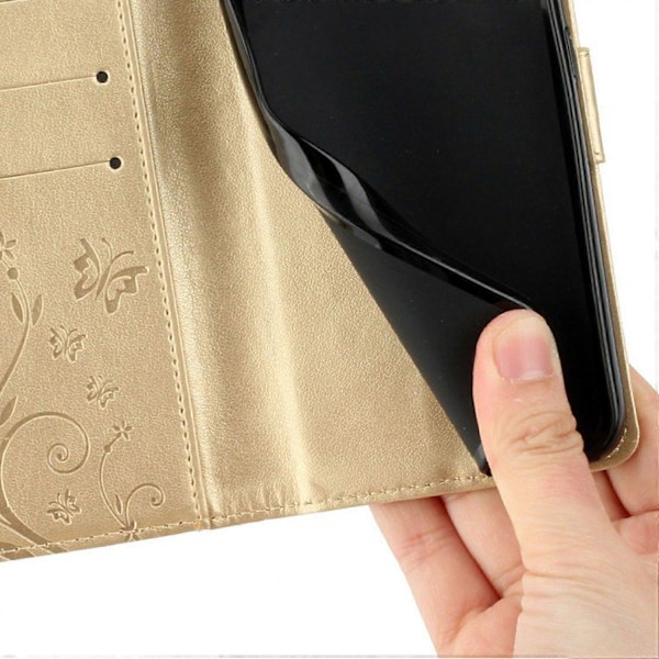Læder Wallet Case med Sommerfugl og Blomster til Samsung Galaxy S25 Edge med Rem Multicolor Gold