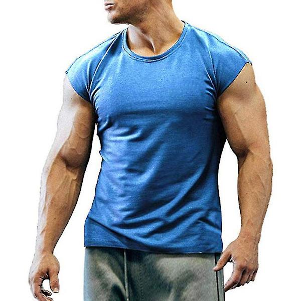 Herr sommar T-shirt Gym Sport Tee Ärmlösa väst Tops Blue 2XL
