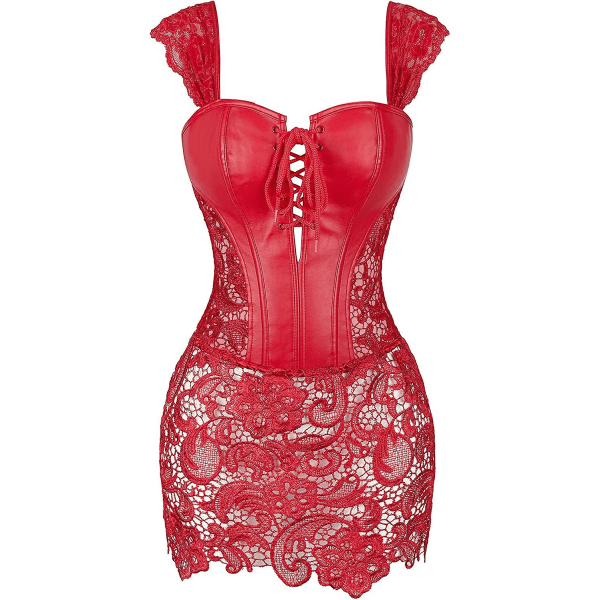 Szivyshi Dame Overbust Sweetheart Lace Up Plastic Bones Corsett Bustier Top -ge Red fau* leather **L