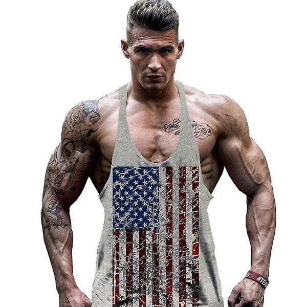 Herre American Flag Print Ærmeløs Tank Top Gym Sport Vest Gray 2XL