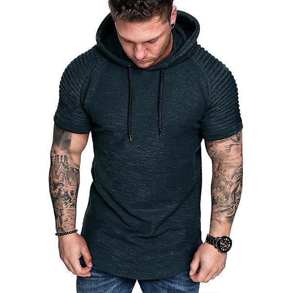 Herrar Plisserad Kortärmad Huvtröja Sommar Casual Sport Hoodies Toppar Dark Grey XL