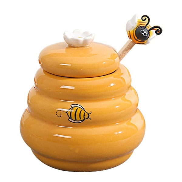 Keramisk bikube honningkrukke og honningkrukke av tre med lokk Honningrørestang for honningkrukketilførsel Yellow
