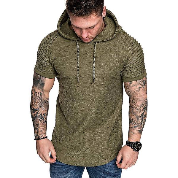 Herrar Plisserad Kortärmad Huvtröja Sommar Casual Sport Hoodies Toppar Army Green L