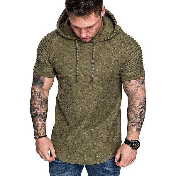 Herre plisseret kortærmet T-shirt med hætte Sommer Casual Sports Hættetrøjer Toppe Army Green XL