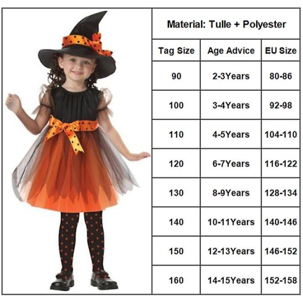 2-15 år Halloween Kid Witch Cosplay Kostumer Outfit Sæt-Orange 4-5 Years