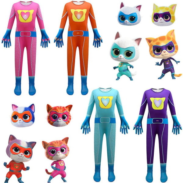 3-9 år Barn Super Kitties Cosplay Dräkt Katt Jumpsuit Mask Outfits Halloween Party Finklänning Presenter-Rose Red 3-4Years