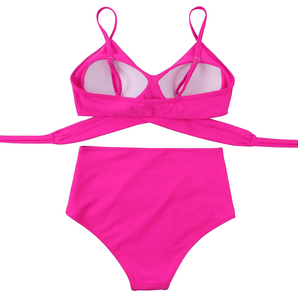 Dam Bikinitop med Korsband, Push-Up, Magkontroll, Halter, Högmidjad Bikini, Tvådelad Baddräkt Rose Red Medium