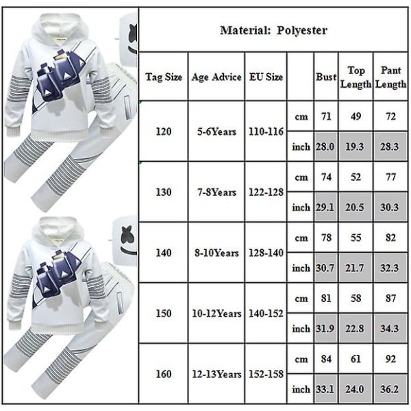 Drengebørn Marshmello DJ Maske Hoodies+bukser Sæt Karneval Party Cosplay Kostume -hg 8-10 Years