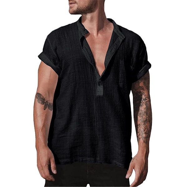 Herrar Toppar Enfärgad Kortärmad Knapp V-Hals Sommar Casual T-shirt Black XL