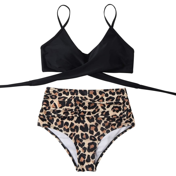 Dame Criss Cross Push Up Badedrakt Topper Magekontroll Halter Bikini Høy Livet Badetøy Todelt Leopard Printed Medium