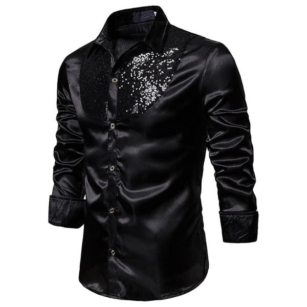 Mænds Sequins Slim Fit Knapløs Skjorte Festkjole Skjorte Topper Black M