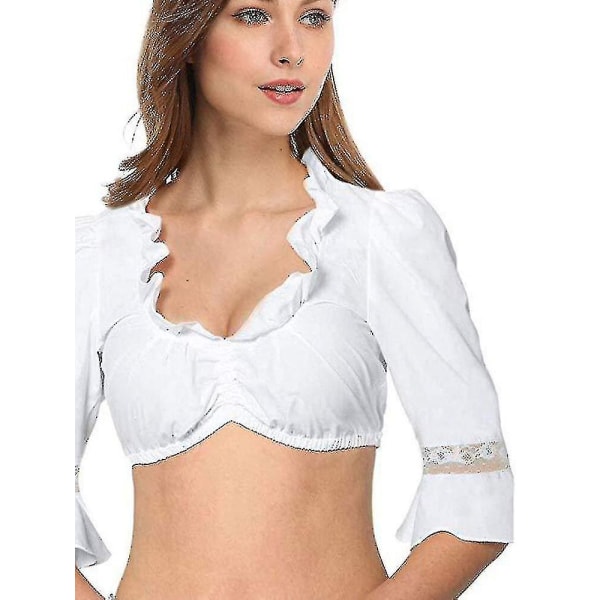 Dirndl-bluse med Ruffles Hvit - Tradisjonell Elegant Bayerisk Oktoberfest Klippet Bluse hg White S