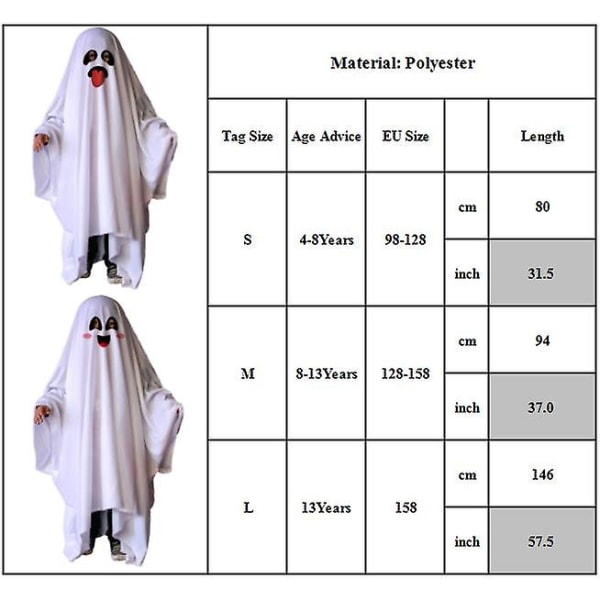 4-13 år Børn Drenge Piger White Ghost Cosplay Kostume Ghost Cloak Halloween Party Fancy Dress Gifts-B 13Years