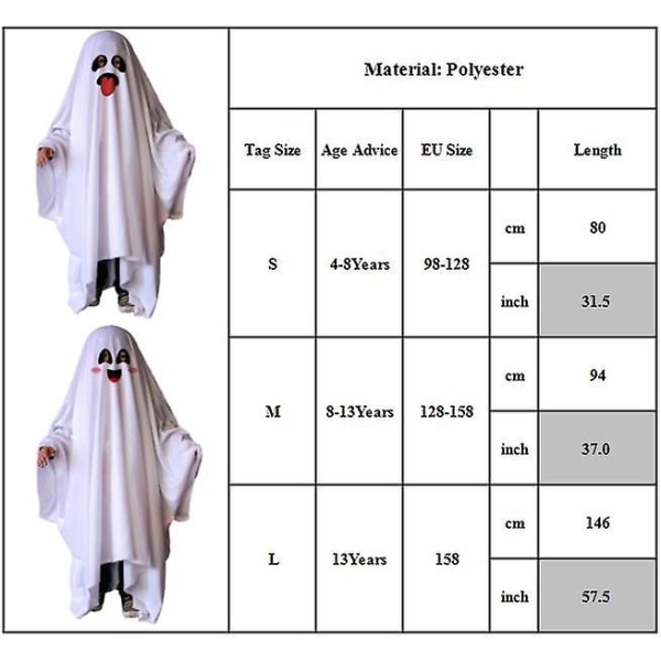 4-13 år Børn Drenge Piger White Ghost Cosplay Kostume Ghost Cloak Halloween Party Fancy Dress Gifts-C 4-8Years