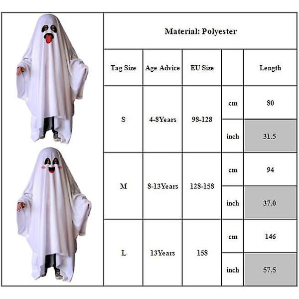 4-13-vuotiaat Lapset Pojat Tytöt Valkoinen Ghost Cosplay-asu Ghost-viitta Halloween-juhla Fancy Mekko Lahjat-C 4-8Years