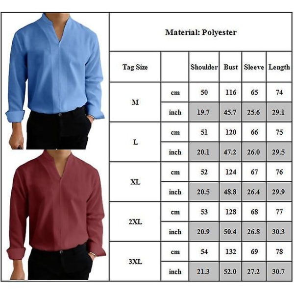 Høy krage V-hals skjorte for menn, avslappet, lang ermet, ensfarget, formell topp Wine Red 2XL