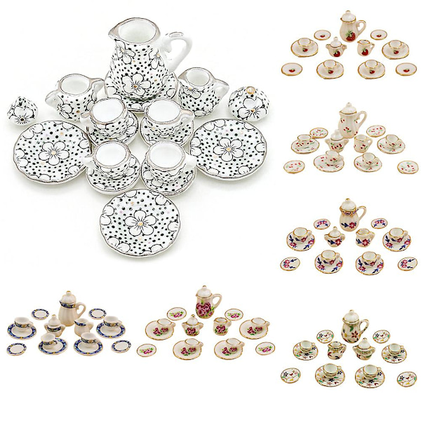 Farfi 15st/ set Dockhus Miniatyr Keramik Blommig Tekanna Kopp Fat Bestick Leksak Dot Wintersweet