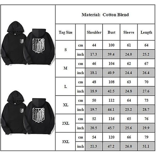 Attack On Titan Hættetrøjer Voksne Mode Casual Aot Survey Corps Sweatshirt-overdele med tryk Langærmede hættetrøjer Gaver XL