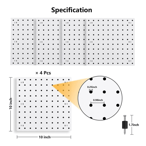 4-delt Pegboard Væghængende Organizer, Hvid Pegboard Væghængende, Pegboard til Håndværksrum, Garage, Køkken