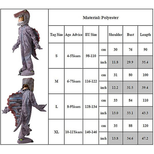 4-11-vuotiaiden Halloween-juhliin Dinosaurusten Cosplay-asu Spinosaurus-hyppyasu, pääpanta, hanskat, kengät, asukokonaisuus, lahja 6-7 Years