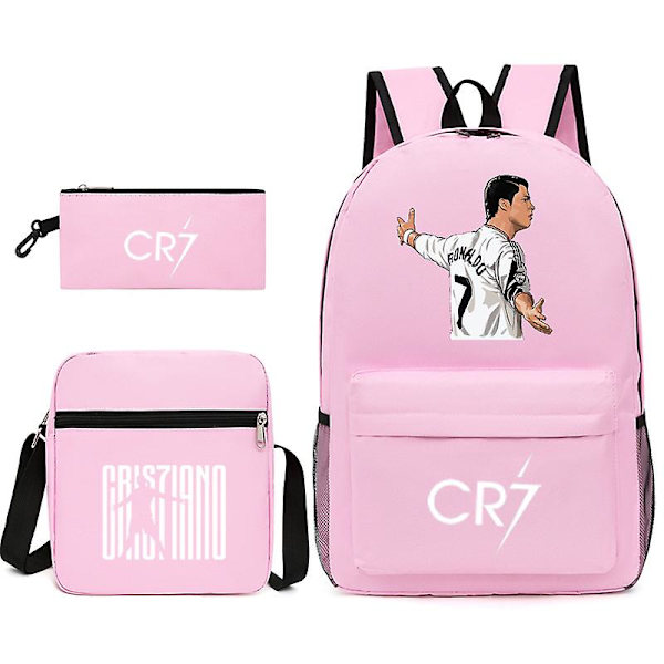 Fotbollsstjärna C Ronaldo Cr7 ryggsäck med printed runt studenten Tredelad ryggsäck. Pink 3 threepiece suit