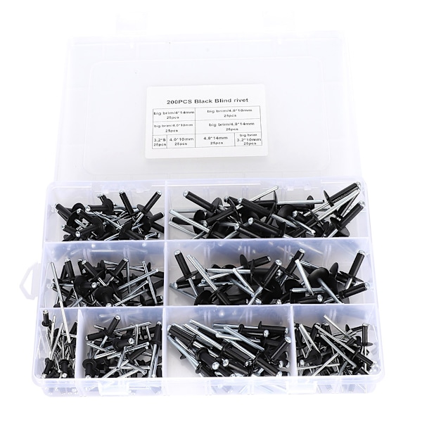 200 stk. sort sortiment af sorte blindnitter i aluminium 3,2/4,0/4,8 mm