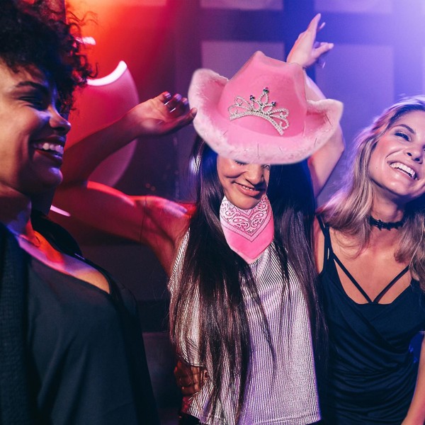 Cowboy-hattu - Cowboy-hattu koristeellisella ja säädettävällä niskahihnalla, sopii useimmille naisille ja miehille, täydellinen tyttöikäisille, leikkipukutarvikkeet, teemakohtaiset osat pink