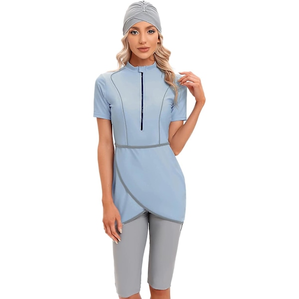 Kvinnor Modest Badkläder Islamisk Muslim Baddräkt Kortärmad Dragkedja Fram Top Shorts Byxor Hijab 3st Simdräkt S-4xl Tangrui Light Blue 4XL