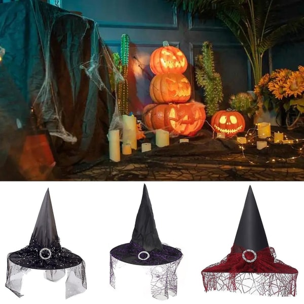 Heksehat med Slør Troldmandshat Magikerhat Halloween Kostume Mode Solid Hat Orange