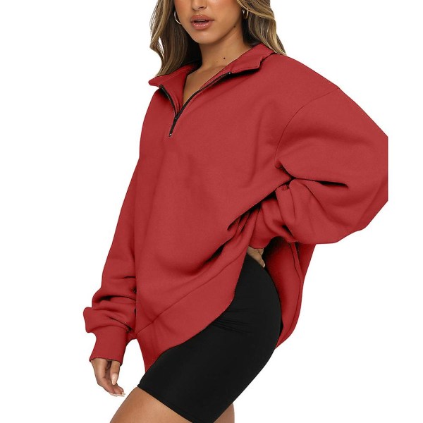 Dame Casual Tops Sweatshirts Løse Langærmede Enfarvet Trøje Red M