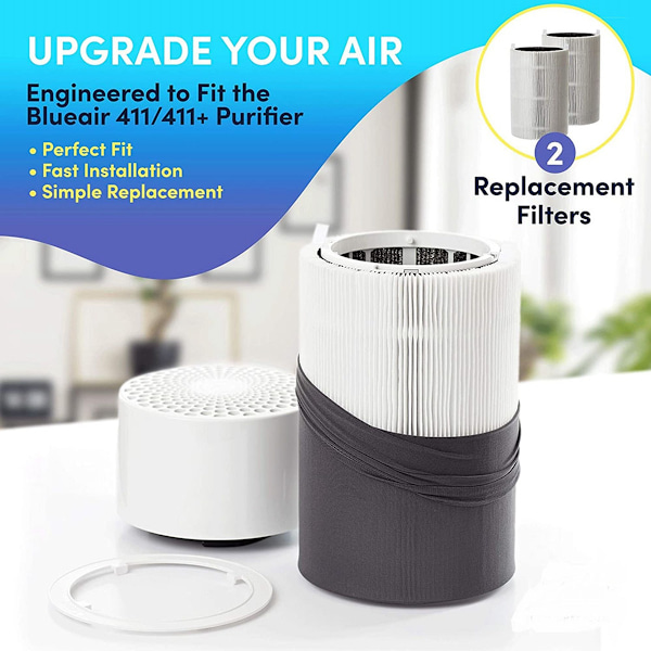 2 stk. erstatningsfilter for Blueair Blue Pure 411, 411+ & Mini luftrenser, HEPA & Aktivert karbon komposittfilter