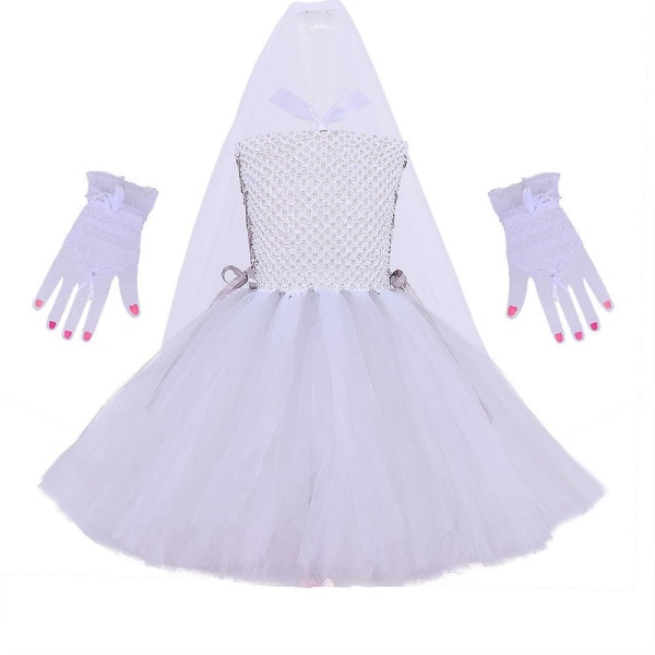 2-12 år Barn Jenter Ghost Bride Dress Veil Cosplay Kostyme Fancy Dress Klær Sett med hansker Halloween festgaver 2-3Y